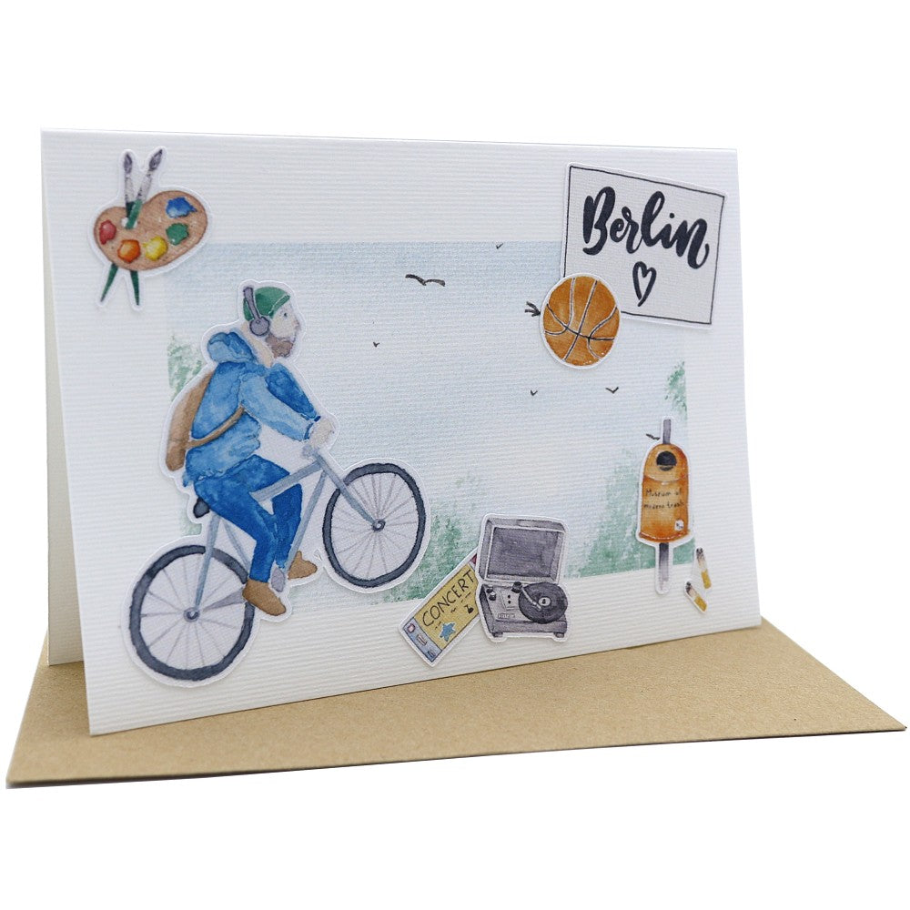 Berlin Klappkarte mit Aquarellmotiven, Fahrradfahrer und Berliner Symbolen, A6.
