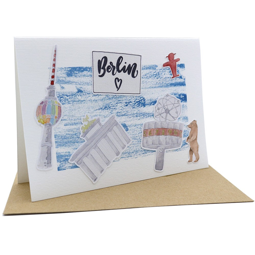 Berlin Klappkarte A6 mit Aquarellillustrationen von Fernsehturm, Brandenburger Tor und Berliner Motiven, mit Umschlag.