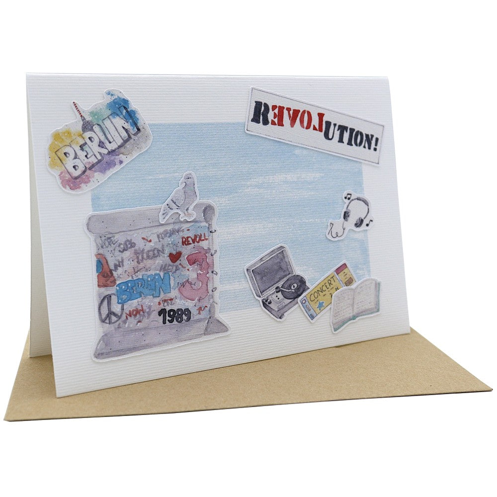 Berlin Klappkarte A6 mit Aquarellillustrationen zu Mauerfall, Revolution und Berliner Stadtmotiven, mit Umschlag.