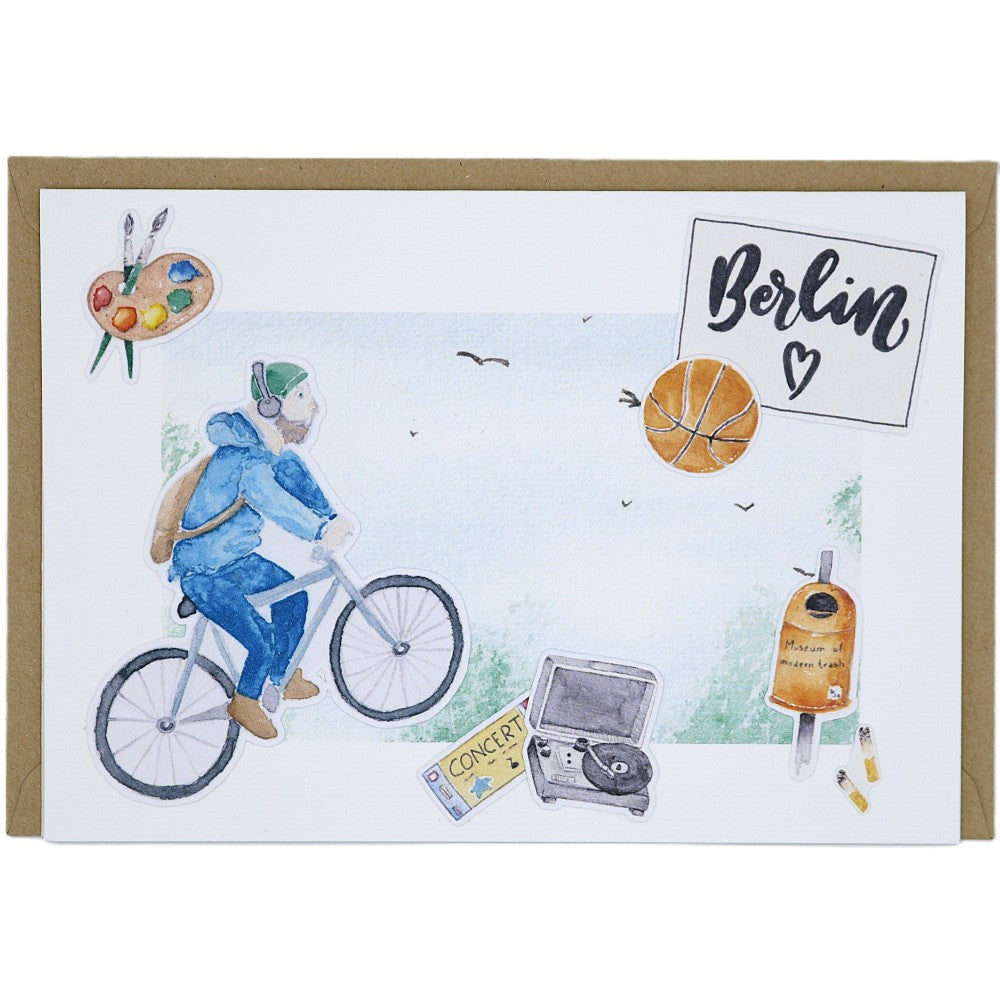 Berlin Postkarte A6 mit Aquarellmotiven, Fahrradfahrer und Berliner Symbolen, mit Umschlag.