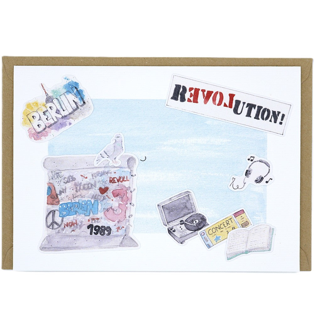 Berlin Grusskarte A6 mit Aquarellillustrationen zu Mauerfall, Revolution und Berliner Stadtmotiven, mit Umschlag.
