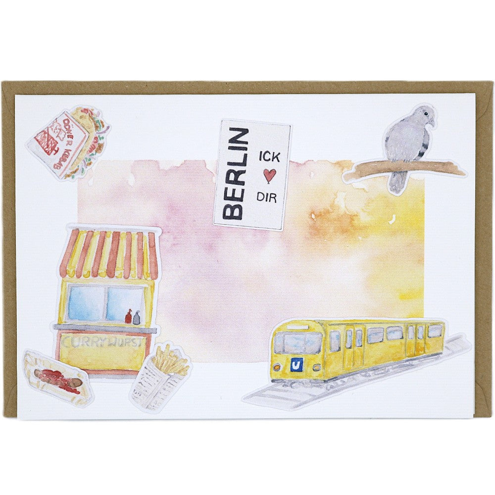 Berlin Grusskarte A6 mit Aquarellillustrationen eines Imbissstands, einer U-Bahn und typischen Berliner Motiven vor farbigem Hintergrund, mit Umschlag.