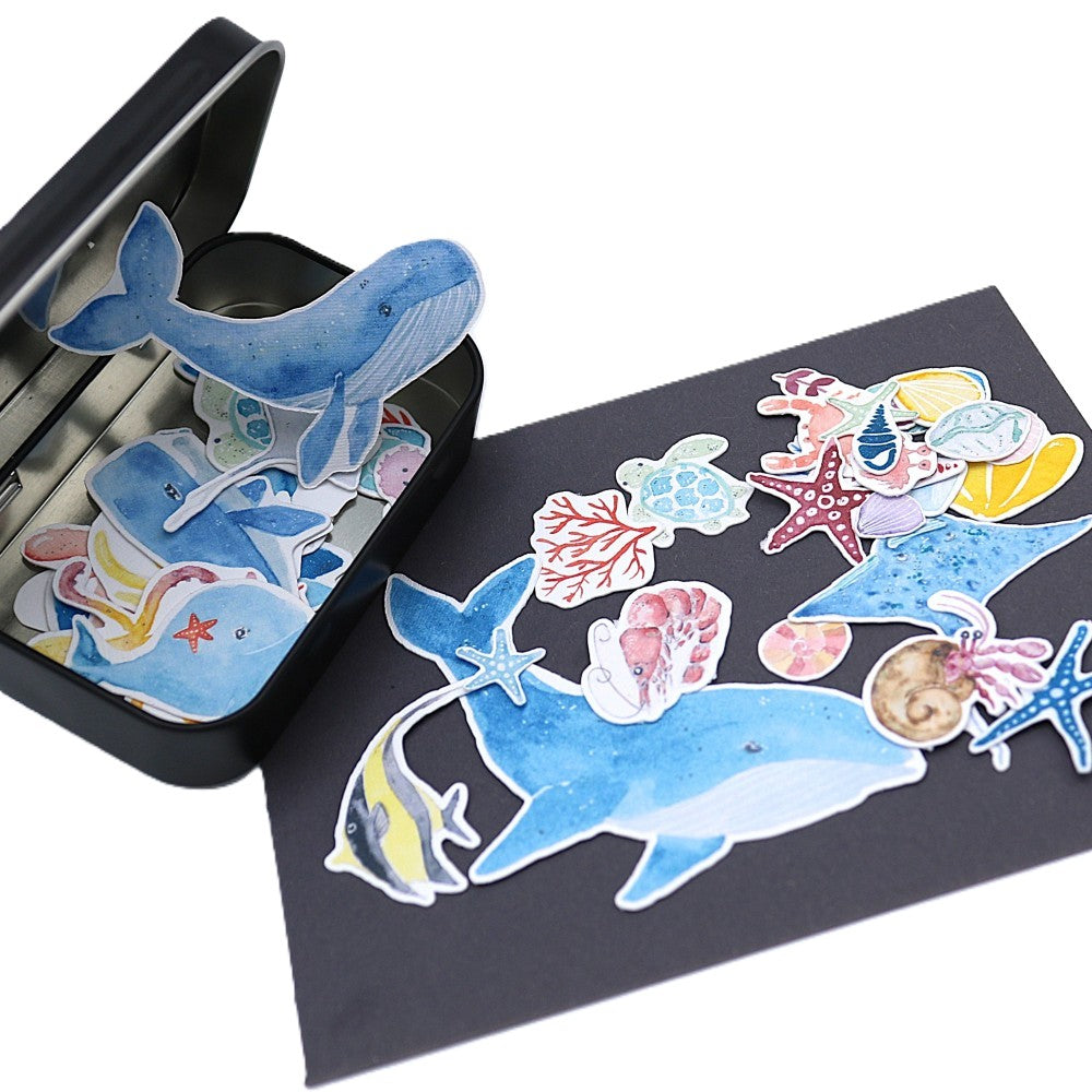 Geöffnete schwarze Metallbox der „Im Meer“ Classic Edition mit zahlreichen maritimen Aquarell-Stickern; im Inneren liegen bunte Unterwassermotive wie Wale und Kraken während vor der Box auf dunkler Unterlage Figuren wie Wale, Fische, Seesterne und eine Krebs-Illustration weit aufgefächert sichtbar sind.