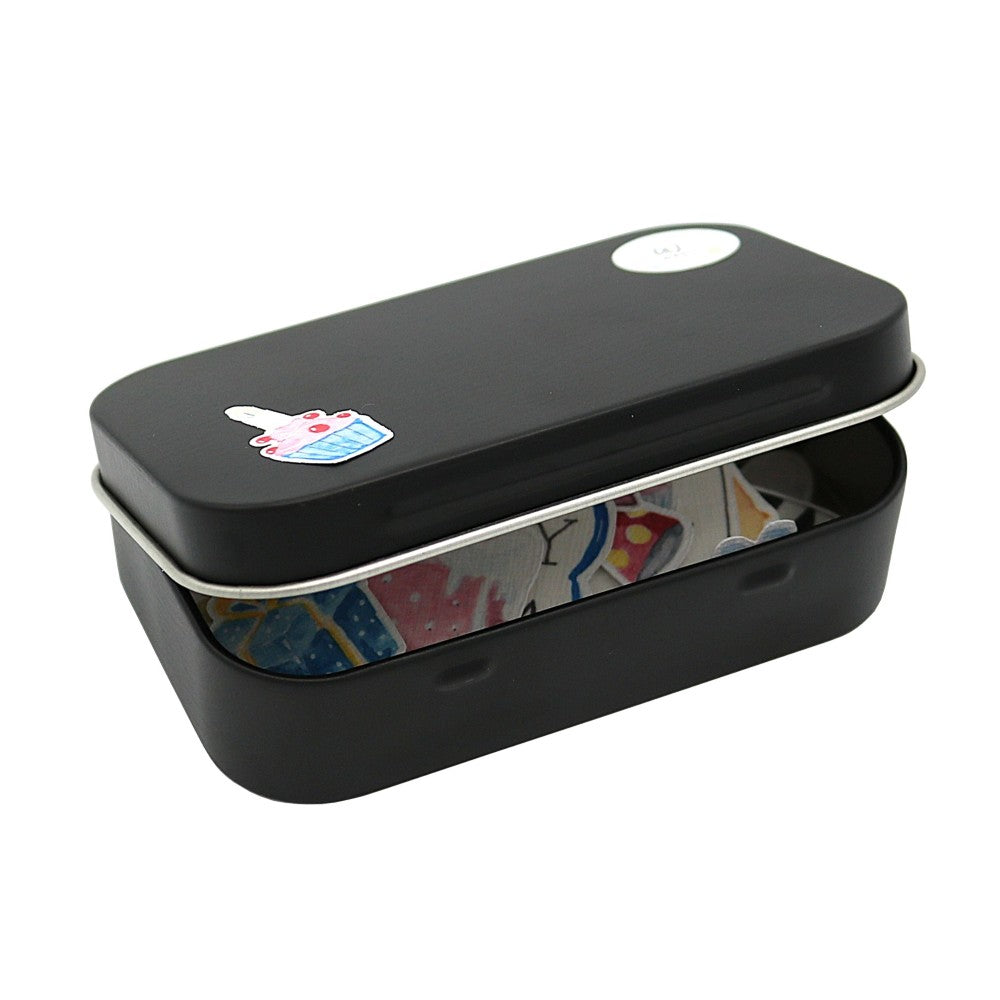 Selbstklebende Mini-Aquarelle mit Geburtstagsmotiven in schwarzer Metallbox