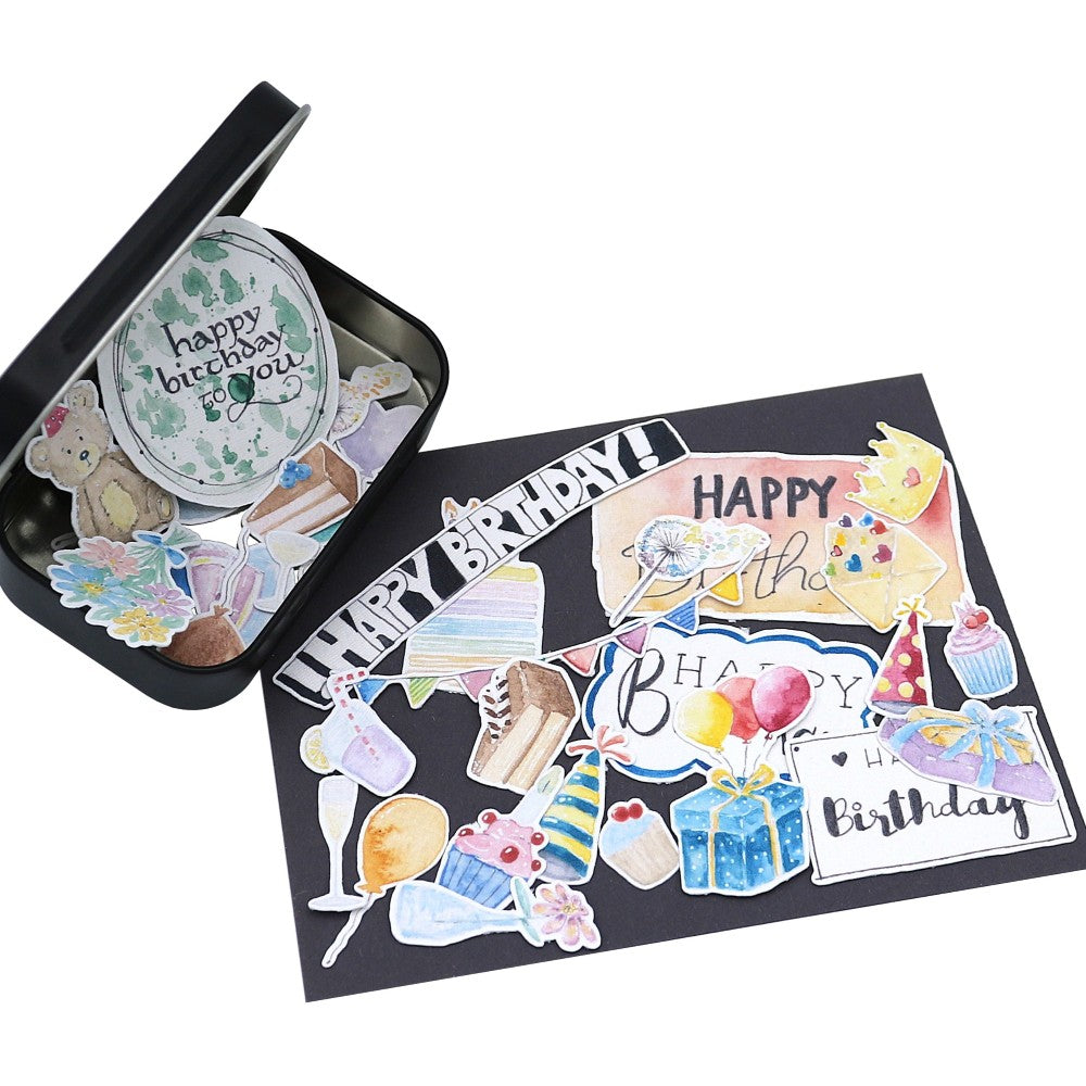 Selbstklebende Mini-Aquarelle mit Geburtstagsmotiven – Sticker-Set mit Box