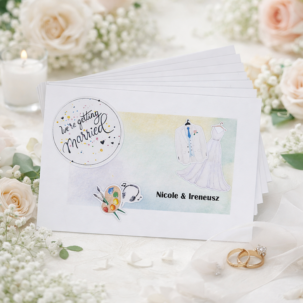 Hochzeitskarten auf buntem Aquarellhintergrund mit Namen, Schriftzug we´re getting married und Brautkleidung, auf einem Hochzeitstisch mit Ringen präsentiert