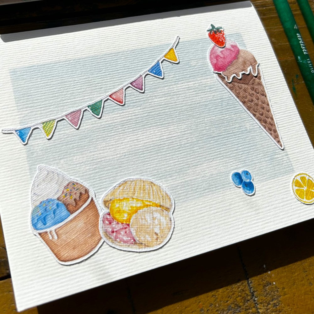 Karte mit Eis Motiven und bunter Girlande auf Aquarellhintergrund