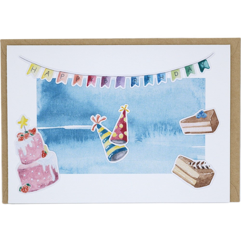 Aquarell-Grußkarte zum Geburtstag mit Wimpelgirlande, Partyhüten und Kuchenmotiven auf blauem Farbverlauf
