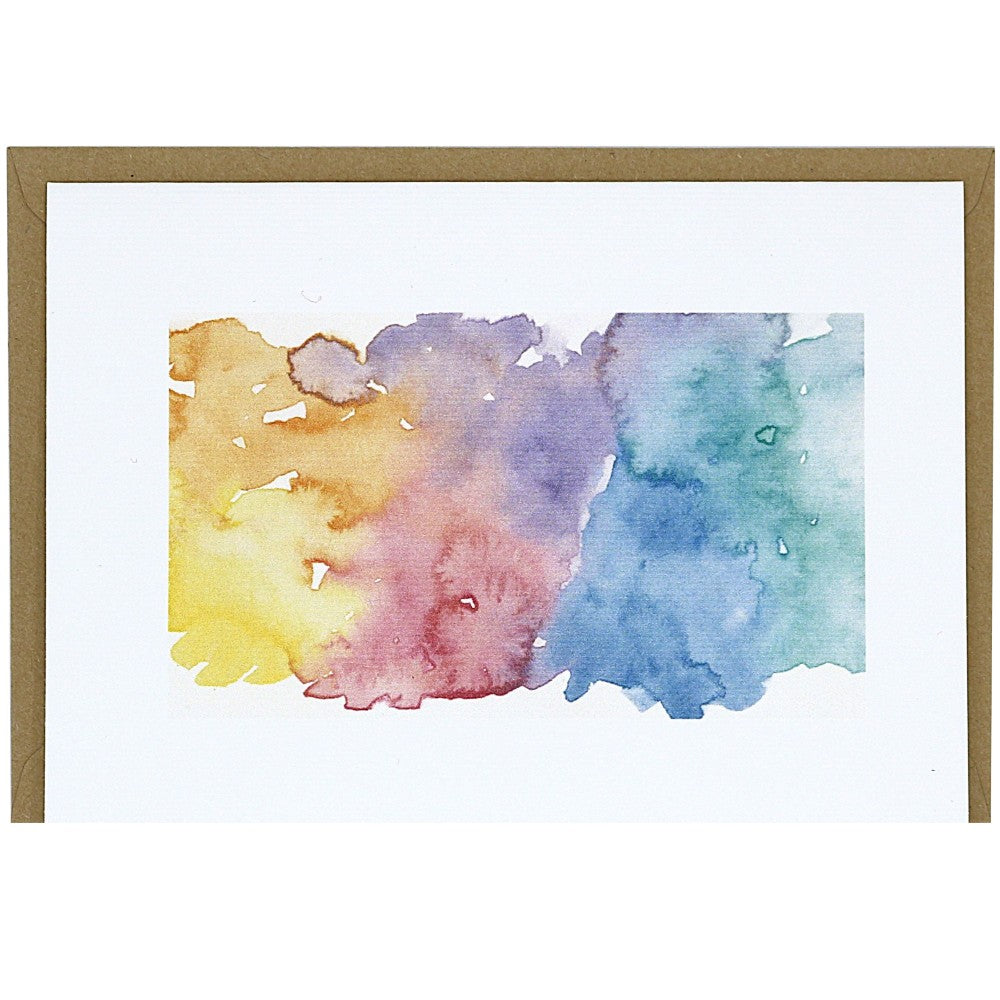Aquarellkarte mit abstraktem Aquarell-Hintergrund in Gelb, Rosa, Lila und Blau mit fließenden Farbflächen