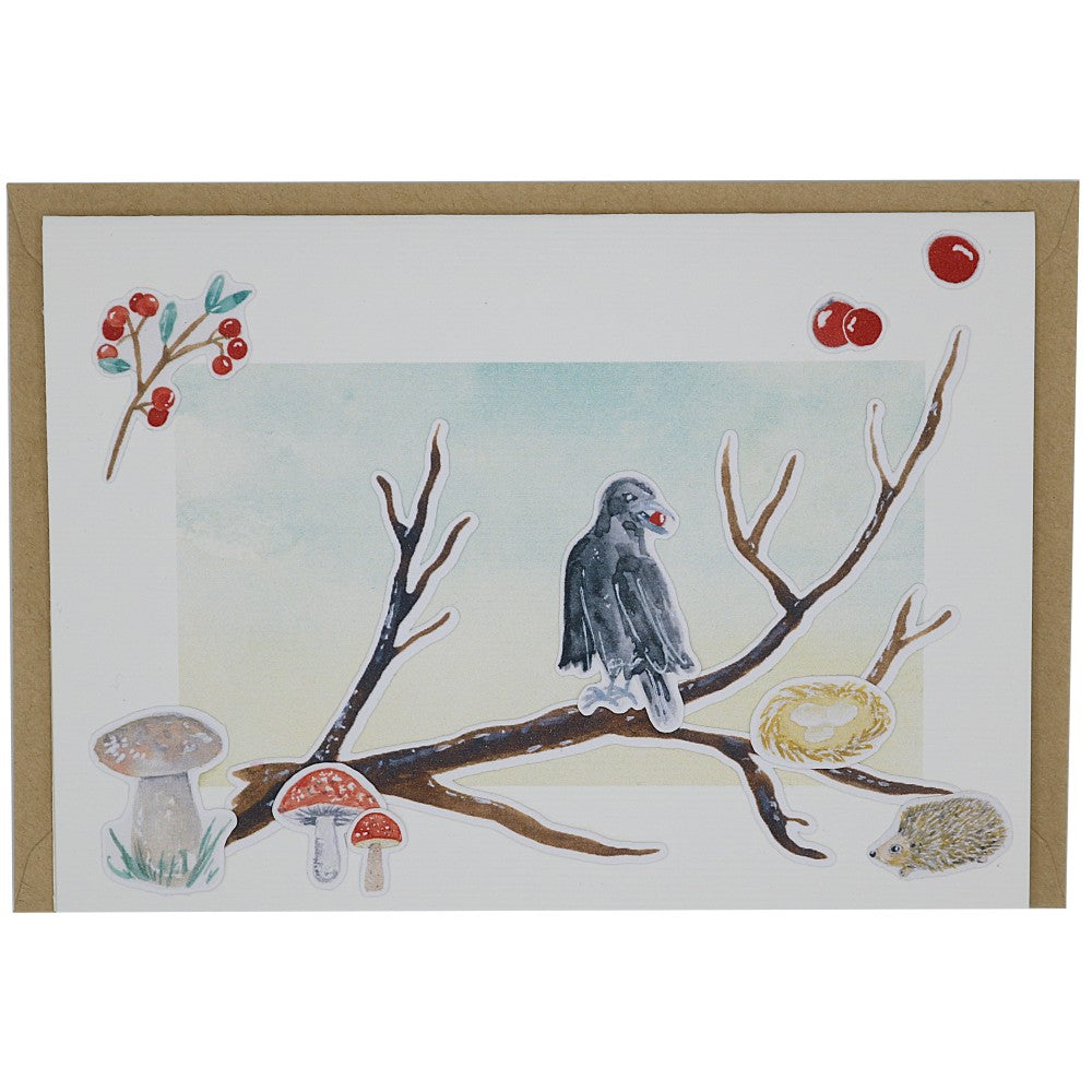 Grusskarte Aquarell mit Raben Motiv, Igel und Pilzen
