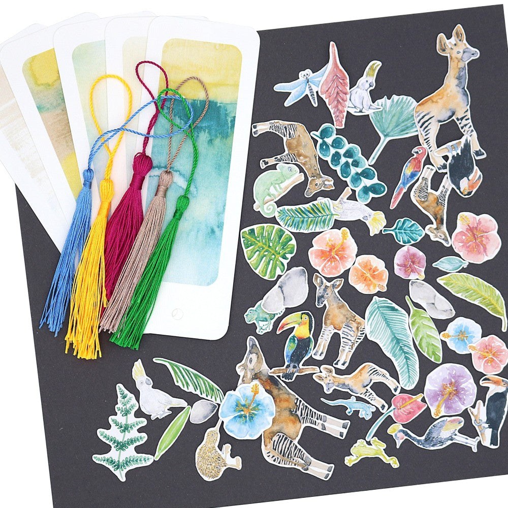 Aquarell-Lesezeichen Kreativ-Set Tropenwelt mit Quasten, Tiermotiven, Blüten und Blättern zum Selbstgestalten