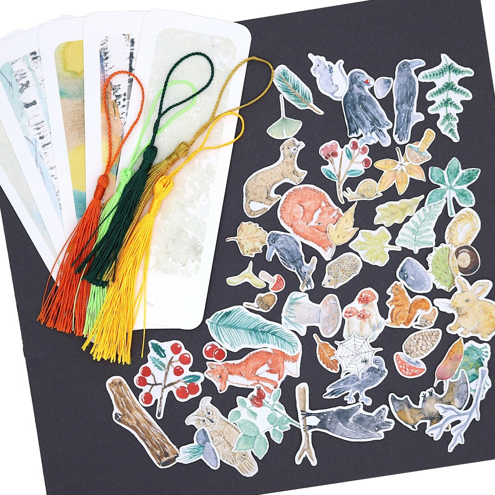 Lesezeichen Kreativset Waldbewohner: Aquarell-Lesezeichen mit Quasten und vielen Tier- und Blättermotiven zum Selbstgestalten.