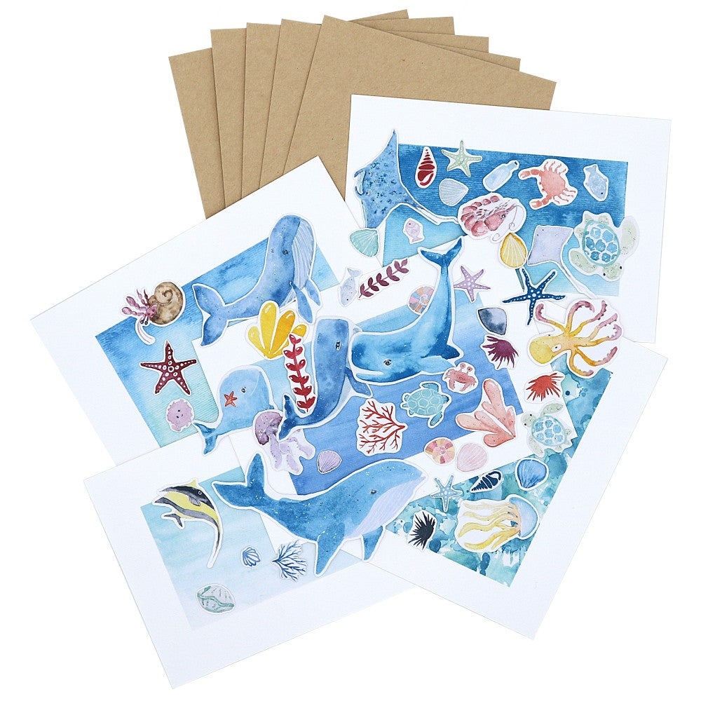 Kartenset Im Meer: Aquarellkarten in Blautönen mit maritimen Motiven wie Walen, Korallen und Muscheln zum Selbstgestalten; und passenden Kraftpapierumschlägen