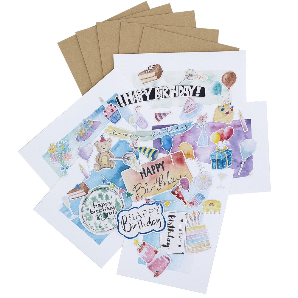 Geburtstags-Kartenset mit Aquarellmotiven wie Kuchen, Ballons und Geschenken auf Karten, daneben Kraftpapier-Umschläge