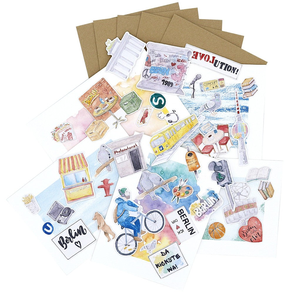 Übersicht aller Motive des Berlin Kreativ Sets mit illustrierten Aquarellmotiven, Aquarell-Hintergründen und Karten, ergänzt durch naturfarbene Kraftpapier-Umschläge