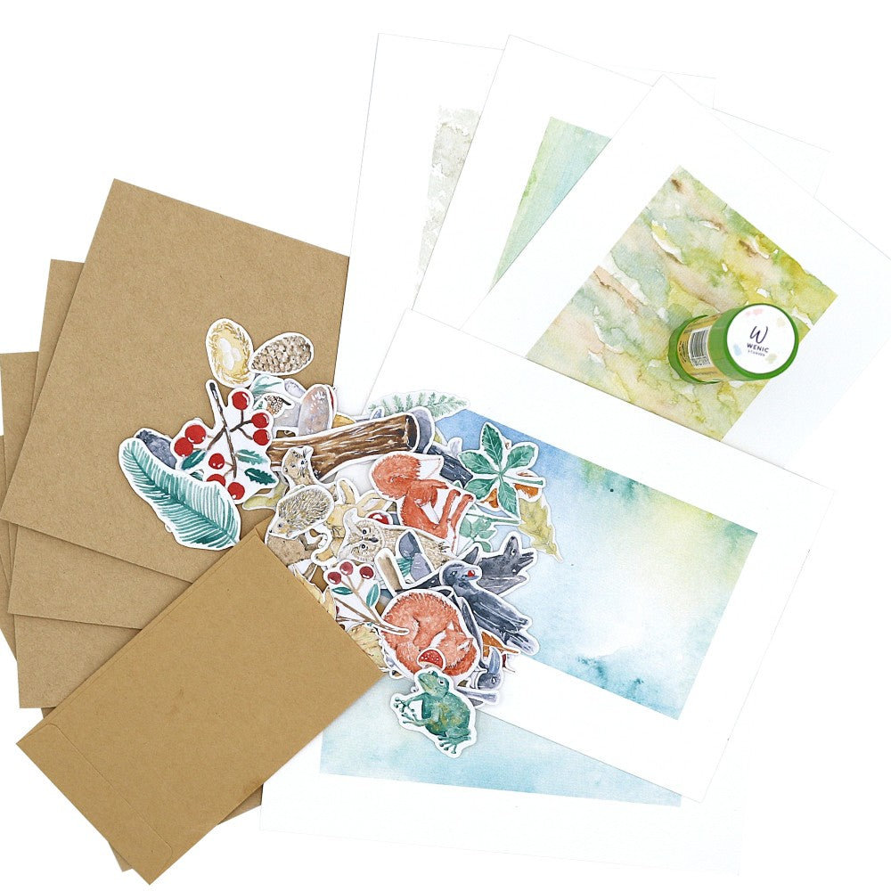 Kartenset Waldbewohner: Aquarellkarten in Naturtönen mit Waldbewohner-Motiven, Kraftpapier-Umschlägen und Klebestift zum Selbstgestalten.