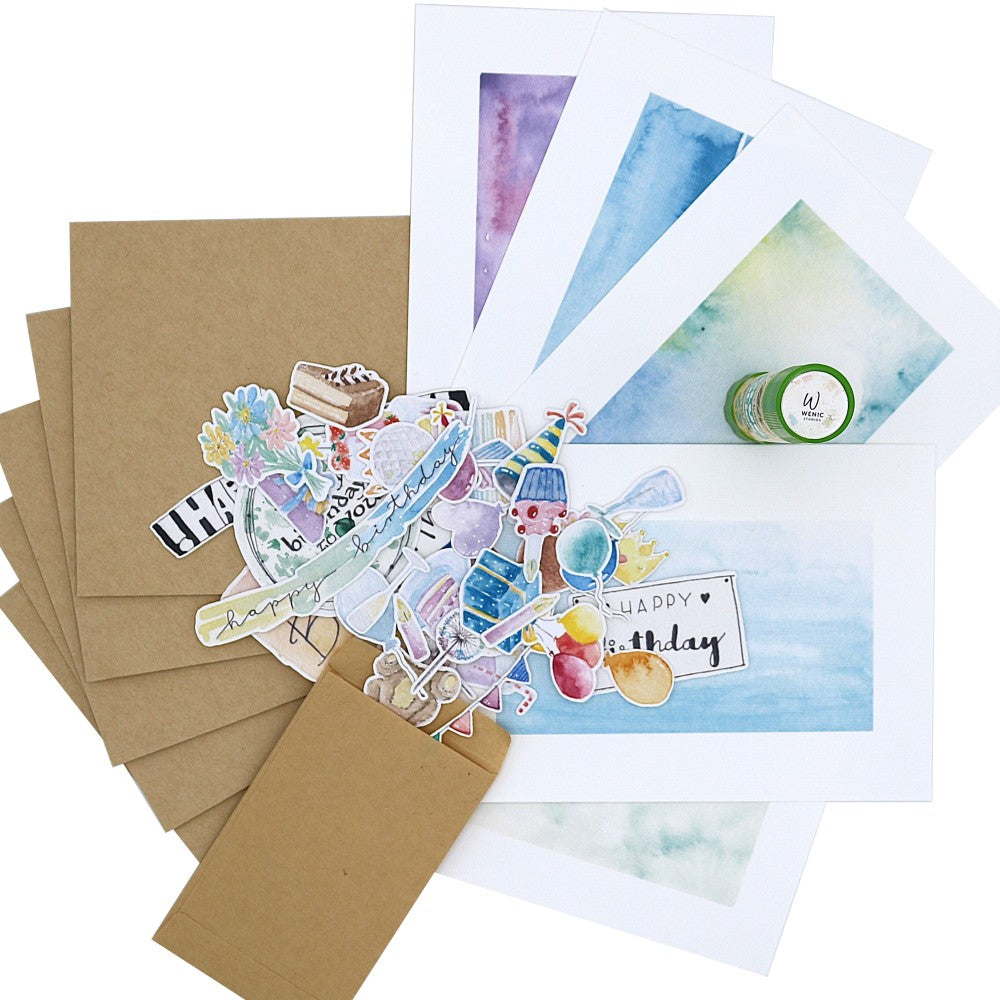 Geburtstags-Kartenset mit Aquarellkarten, Papiermotiven, Klebestift und Kraftpapier-Umschlägen in der Übersicht