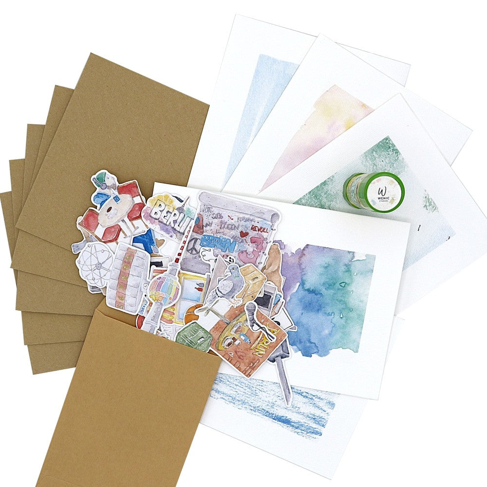 Berlin Kreativ Set mit ausgeschnittenen Illustrationsmotiven, Aquarell-Hintergründen, Karten, Klebestift und passenden Kraftpapier-Umschlägen