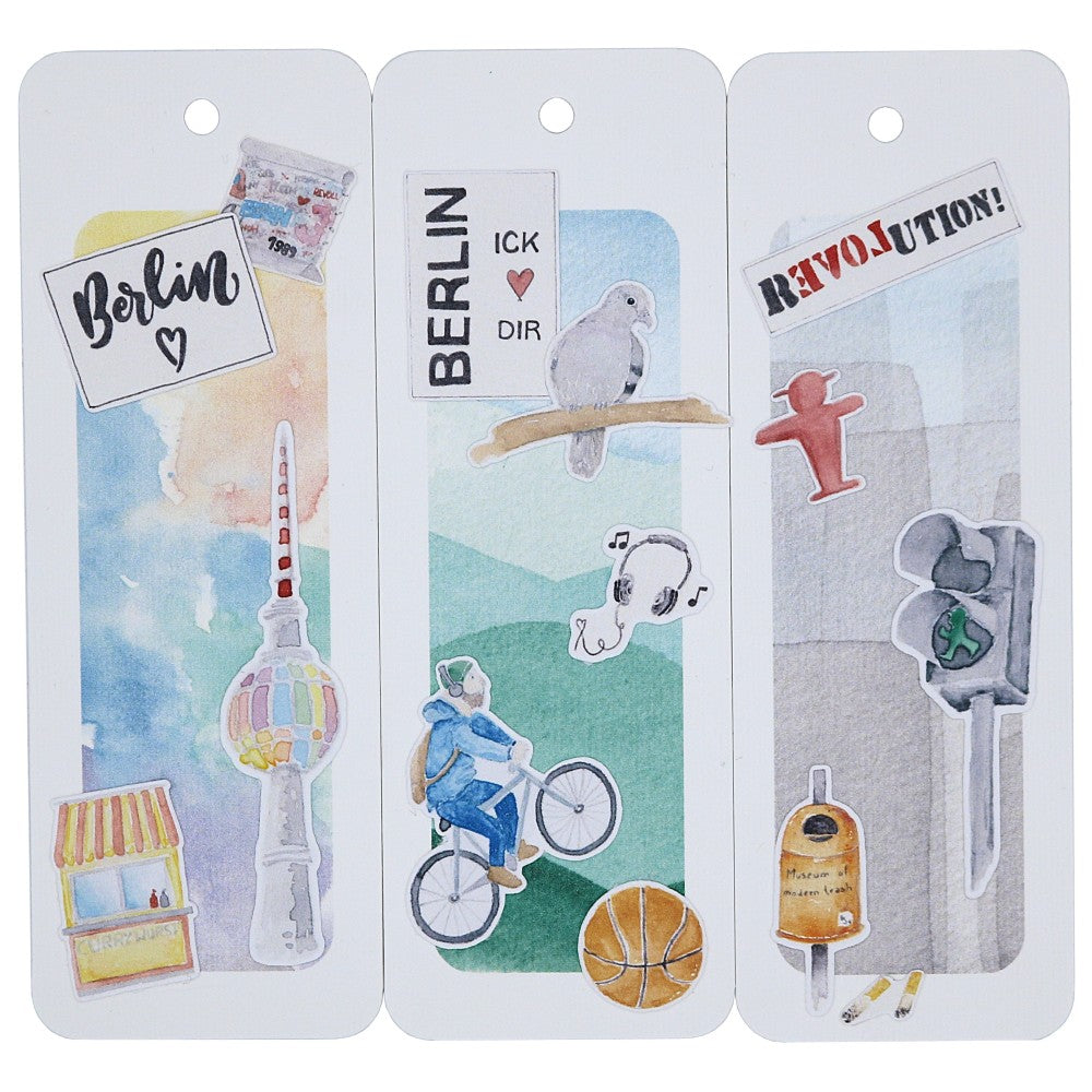 Drei Berlin-Lesezeichen mit Aquarellillustrationen, darunter Fernsehturm, Radfahrer, Taube, Ampelmännchen und Berliner Schriftzüge.
