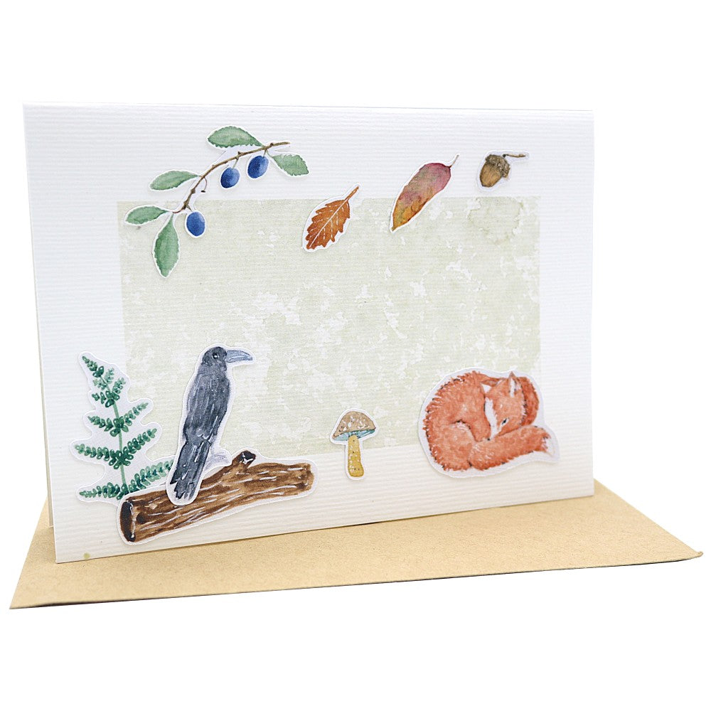 Klappkarte aufgestellt mit Fuchs und Raben und Wald Motiven