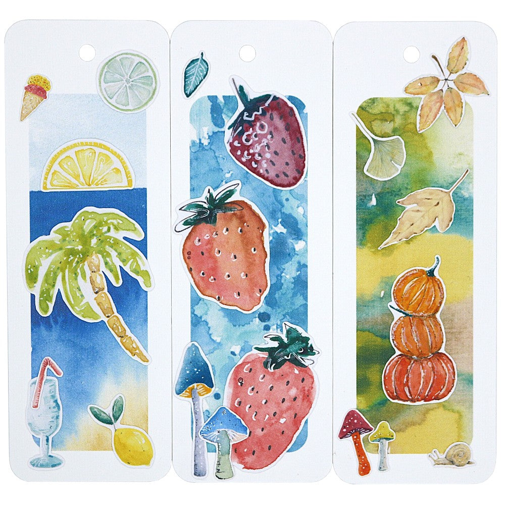 Lesezeichen mit Sommermotiven wie Erdeeren, Fruchtscheiben, Palmen, Kürbissen und Blättern auf Aquarell Hintergrund mit verschiedenen Motiven