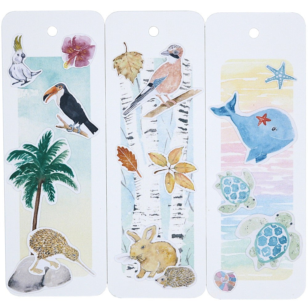 Lesezeichen mit Tiermotiven wie Wale, Schildkröte, Vögel und Hase auf Aquarell Hintergrund mit verschiedenen Motiven