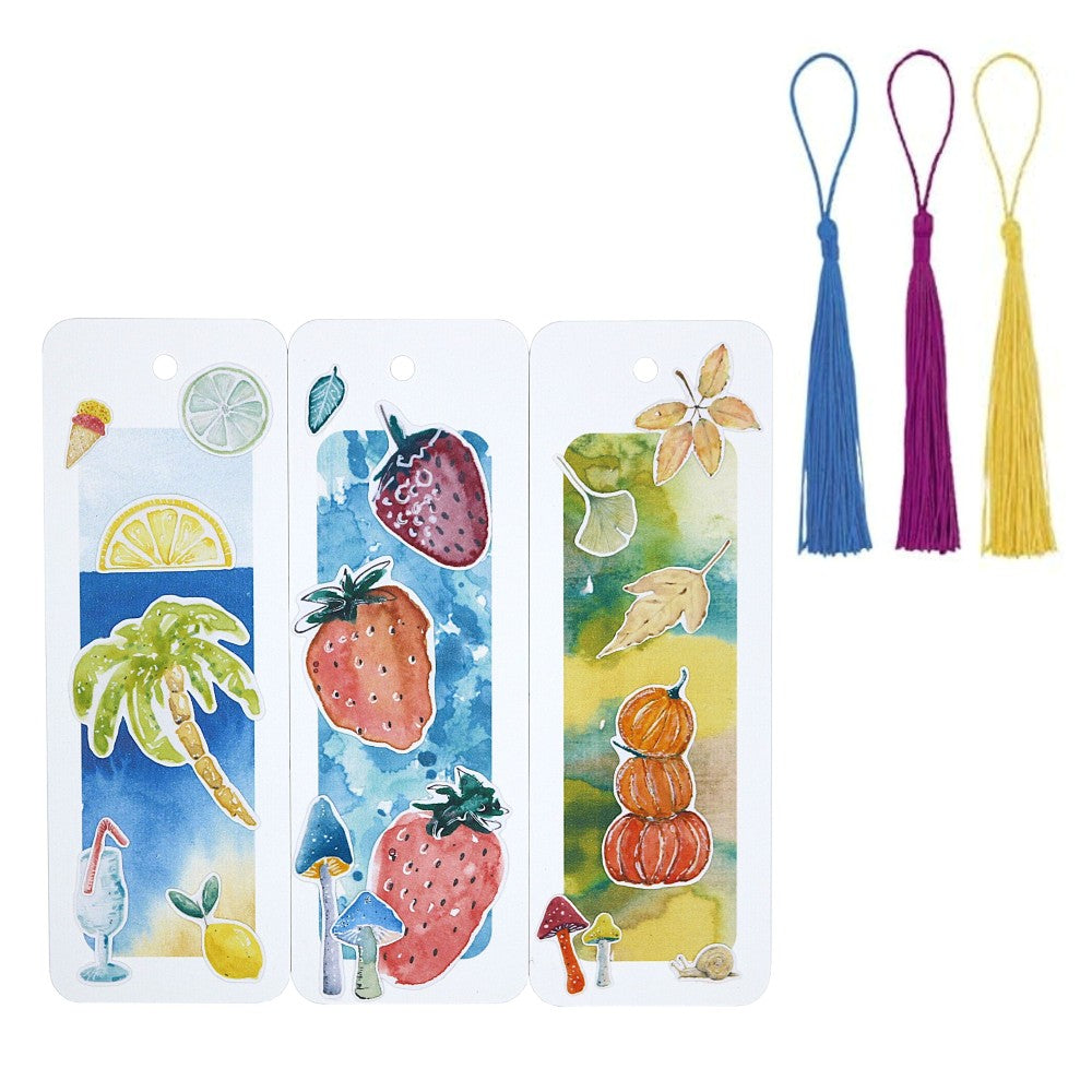 3 Lesezeichen mit Sommermotiven und dazu passenden Lesezeichenbändchen, Quasten; Themen Sommer, Beeren, Früchte, Herbst