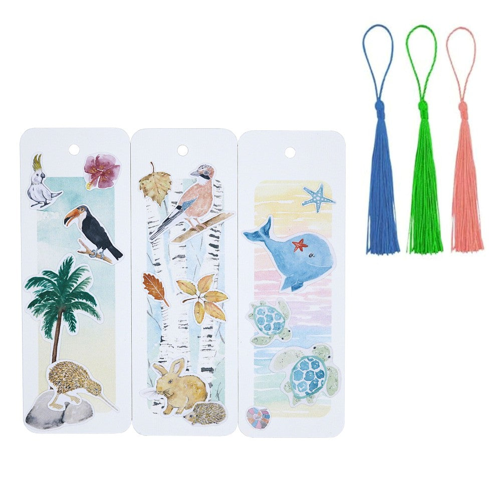 3 Lesezeichen mit Tiermotiven und dazu passenden Lesezeichenbändchen, Quasten; Themen Wale,Wald und Tropen.
