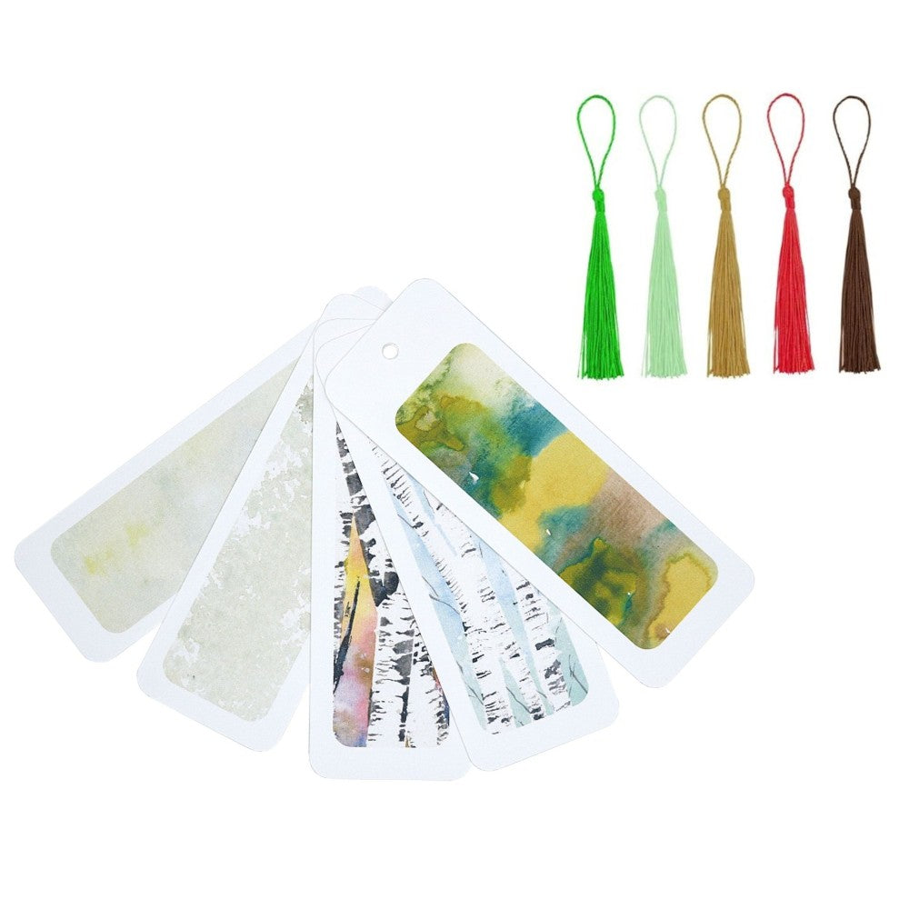 Lesezeichen-Set Waldbewohner: Fünf Aquarell-Lesezeichen mit Waldhintergründen und farblich passenden Quasten zum individuellen Gestalten ohne Motive.
