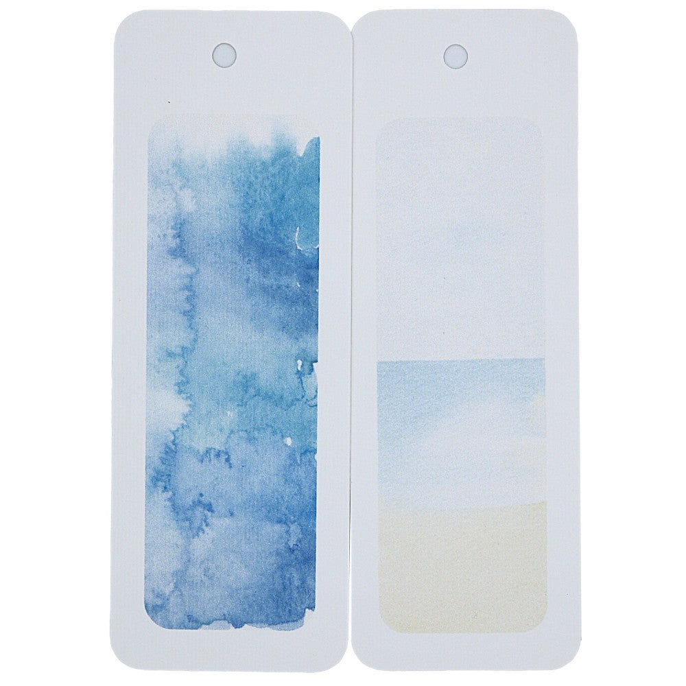 Lesezeichen Kreativset Meer: Zwei weitere Aquarell-Hintergründe in Blau- und Sandtönen mit Loch für Quasten, ideal zum Selbstgestalten.