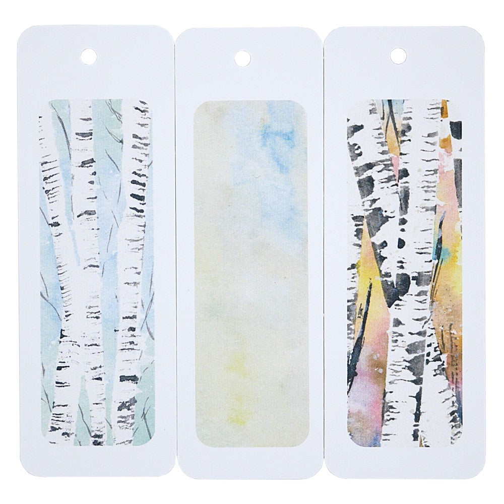 Lesezeichen-Set Waldbewohner: Drei Aquarell-Lesezeichen mit Birkenwald-Motiven und sanften Naturfarben, ideal zum Selbstgestalten.