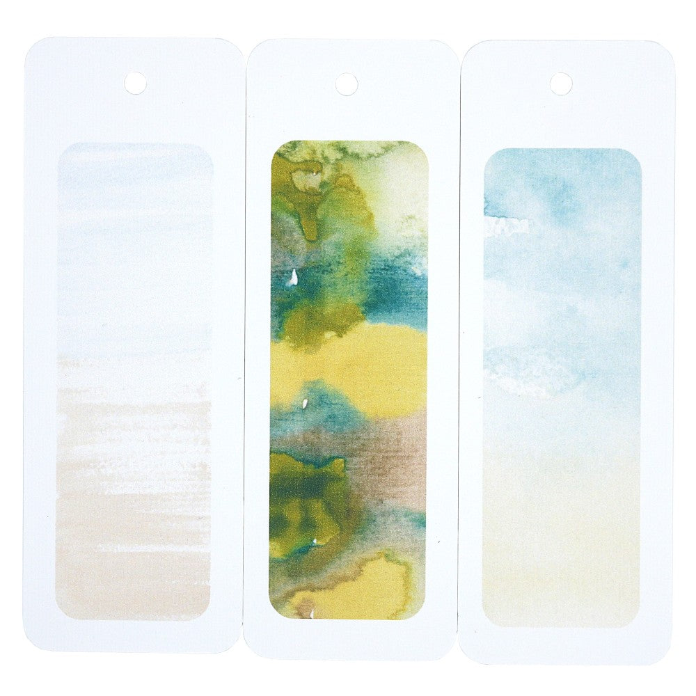 Lesezeichen Hintergründe Tropenwelt, drei schmale Aquarellkarten in Beige-, Grün- und Blautönen ohne Motive auf weißem Hintergrund
