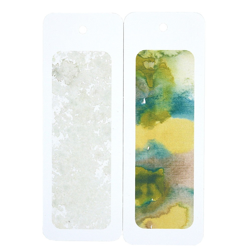 Lesezeichen-Set Waldbewohner: Zwei Aquarell-Lesezeichen mit naturinspirierten Hintergründen in Grün-, Beige- und Blautönen zum individuellen Gestalten.