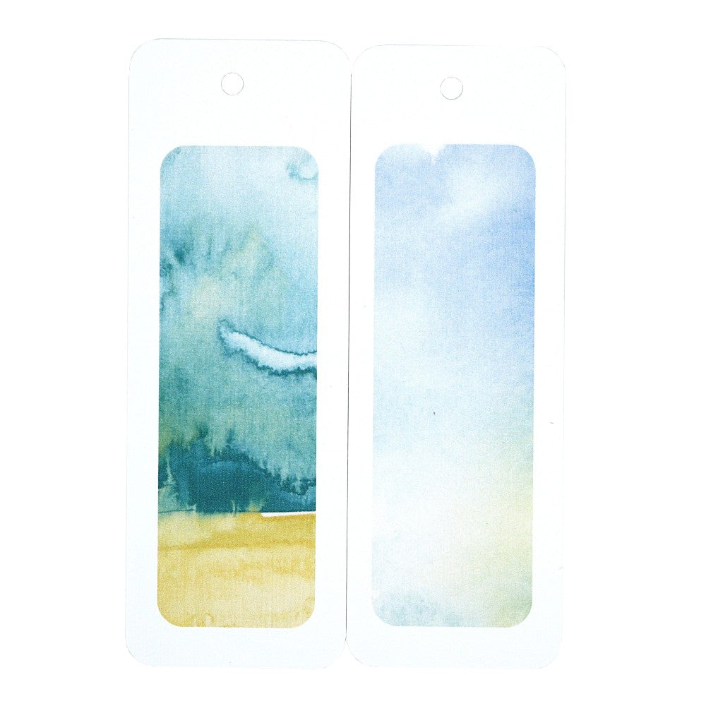Lesezeichen Hintergründe mit Aquarellfarben, zwei schmale Karten in Blau- und Grüntönen ohne Motive auf weißem Hintergrund